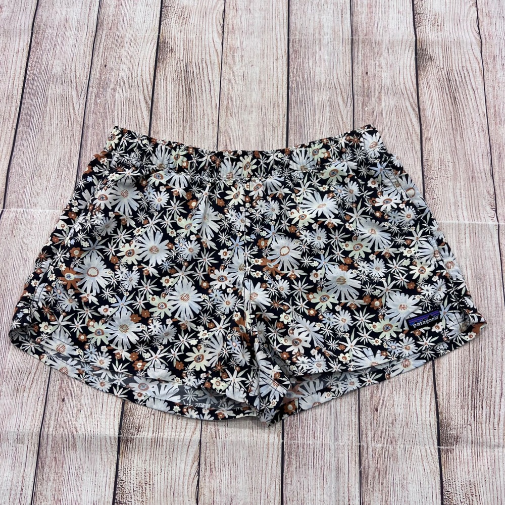 Patagonia Womens Baggies Shorts Floral Daisy Print Black White Small